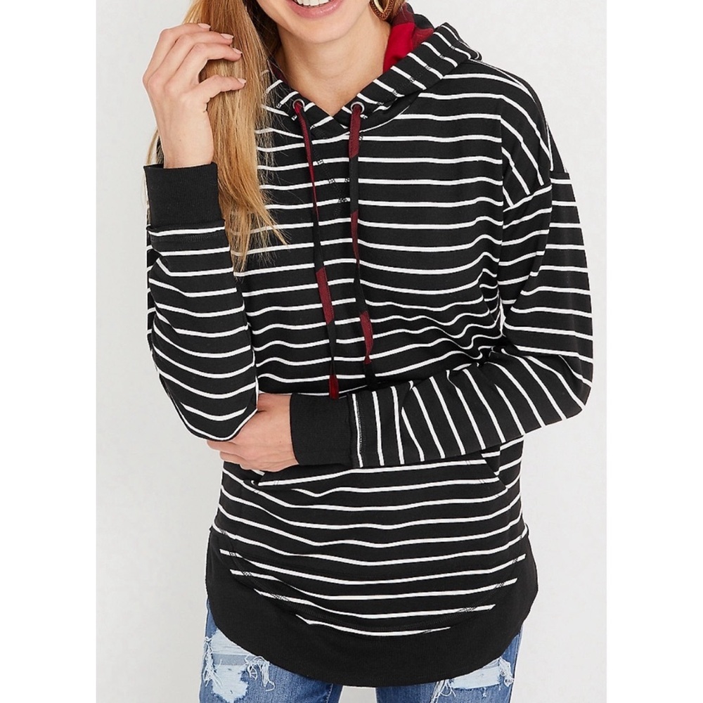 Maurice’s Homeward Black Striped Brushed Plaid Hoodie